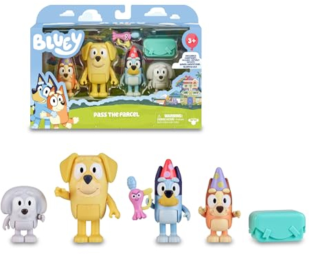Bluey - Pack 4 Figuras cumpleaños, Figuras articuladas nuevos Amigos listos para el cumpleaños, muñecos de la Serie Infantil, Famosa (BLY63200)
