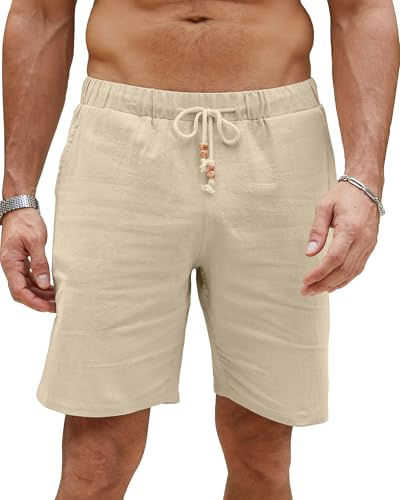 LVCBL Hommes Lin Pantalon Court été Lâche Plage Shorts avec Poches Kaki M