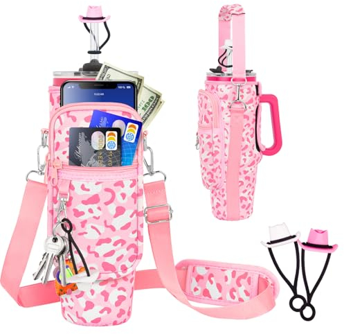 Water Bottle Carrier Bag with Phone Pocket and 2 Straw Covers Compatible with Stanley/Meoky/BrüMate 40 oz Tumbler with Handle,Water Bottle Holder with Adjustable Strap Fits for Stanley Cup Accessories
