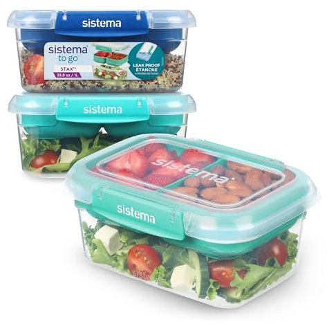 Sistema TO GO Stax Leakproof Food Storage Containers | 1 L | Airtight & Stackable Meal Prep Containers with Lids | Adult Lunch Boxes for Office, School & More | BPA-Free | 3 Count