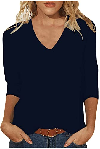 Masrin Tshirt Damen 3/4-Ärmeln T-Shirt Oberteile Lässiger Einfarbiges Pullover O-Ausschnitt Dreiviertel Ärmeln Pulli Tops Sommer Herbst Basic Shirt Lockere All-Match Tunika Bluse Blusenshirt