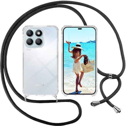ISOI Cover con Cordino per Honor X8b, Custodia Trasparente con Collana Tracolla Laccio Collo Ultra Sottile Morbido TPU Silicone Antiurto AntiGraffio Antiscivolo Case, Nero