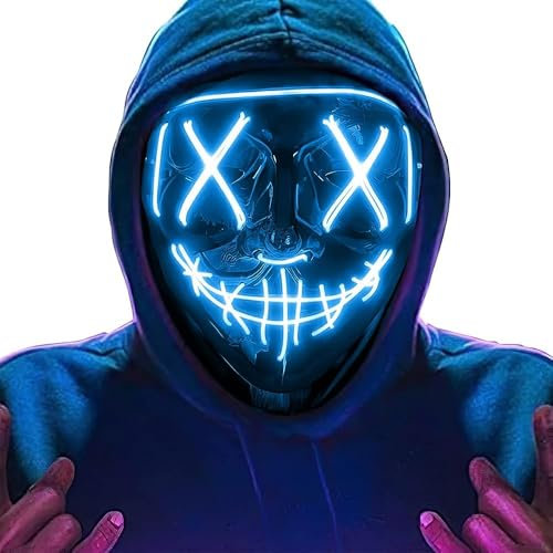 LED Maschera Halloween, 2024 Upgrade LED Purge Mask Glitter nel Buio, Maschera Spaventosa con 4 Modalità di Illuminazione per Halloween, Carnevale e Martedì Grasso, Maschera Cosplay Costume da Festa