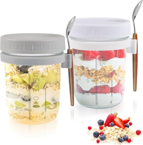 AsyinXson Overnighter Oats - Confezione da 2 bicchieri da 350 ml, con cucchiaio, con coperchio a vite, per insalata, yogurt, budino, chutney, tazza riutilizzabile per cereali come barattolo Mason