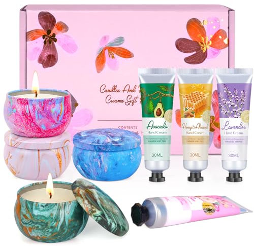 Geschenke Weihnachten, Kleine Weihnachtsgeschenke für Frauen Männer - Duftkerzen Geschenkset 4 x 90g | Handcreme Set 4 x 30g, Geschenkset für Kollegen, Mama, Freundin