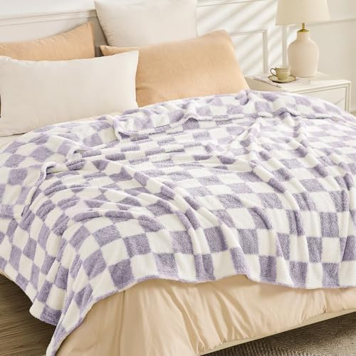 EMME Kuscheldecke Flauschige Sherpa - Karierte Decke, Weiche Warme Wolldecke&Fleecedecke, Tagesdecke, Überwurfdecke, Decke für Sofa, Couch, Lavendel, 130 x 150 cm