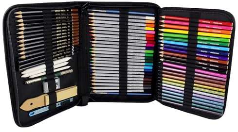 ARZASGO 73-teiliges Zeichen- und Skizzenset, Kunst-Zeichenstifte-Set mit Aquarellstiften, Buntstiften, Graphit-, Kohlestiften und Metallic-Stiften für Malbücher für Erwachsene und Künstler-Skizzen