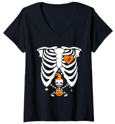 Femme Costume de squelette pour femme enceinte, citrouille, cage côtelée, Halloween T-Shirt avec Col en V