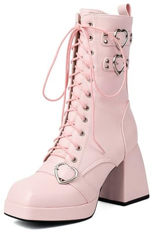 Stivaletti Anfibi con Tacco Largo Gotici da Donna Plateau Lacci Punk Punta Quadrata Stivali da Combattimento Motociclista,Rosa,42 EU