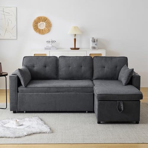 Wiuzo Sofa mit Schlaffunktion - 3 Sitzer Schlafsofa, Ecksofa in L-Form, mit Bettkasten, mit Getränkehalter, Wohnzimmer-Schlafsofa, Links und rechts austauschbar 211 * 130 * 86cm