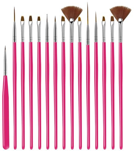 15PCS Nail Art Brushes Set, Acrylic Nail Brush Nail Art Tools for Gel Nails, Nail Design Kit Nail Accessories for Nail Technician, Thin Nail Brush Nail Liner Brush Builder Gel Brush, Pink
