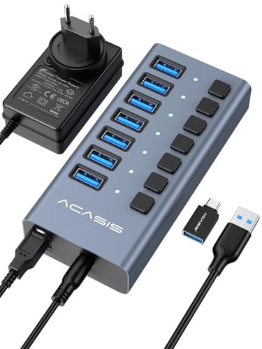 ACASIS 7-Port Powered USB 3.2 Hub, 10Gbps Data Speed, 24W Adapter, cable | Aluminum housing, independent switches for each port, plug-and-play for Windows/Mac/Linux. Surge protection included.