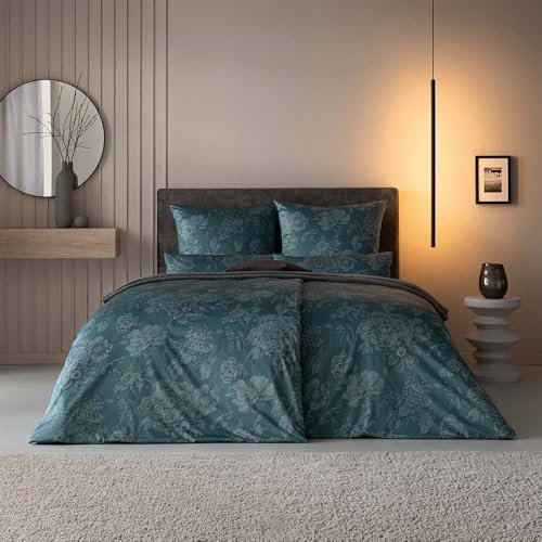 ESTELLA Schweizer Premium Satin Bettwäsche 135x200 Anna blautanne Blüten Rosen 2176-581