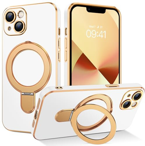 Telaso Magnetischer Ständer für iPhone 13 Hülle, Plattierungsmuster Handyhülle für iPhone 13 Case, Kompatibel mit MagSafe, Schutzhülle Cover für iPhone 13 Stoßfest und Sturzsichere, Weiß