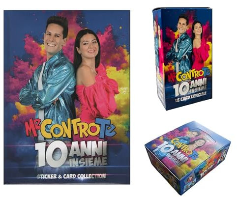 Album figurine Me Contro Te 10 anni insieme 2025 + pacco 40 bustine da 5 figurine + pacco 10 bustine da 8 card + portachiave pailettes