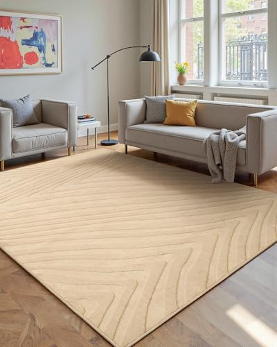 DEFYNEE Washable Rugs Living Room Large 152x213cm, Monstera Leaf Design, Soft Short Pile, High-Low Texture, Shedding-Resistant Non-Slip Modern Carpet for Bedroom, Dining – Camel