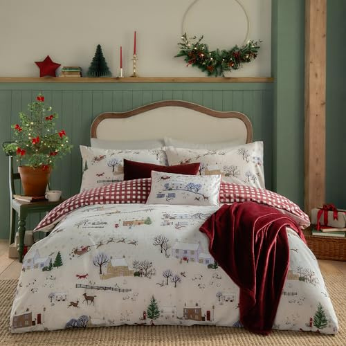 furn. Cotswolds Christmas Duvet Cover Set (Cream - Single) | Reversible Festive Winter Scene Gingham Easycare Polycotton Bedding