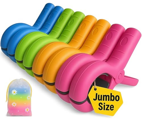 5.1Jumbo Beach Towel Clips 8 Pcs, Storage Bag Included, Towel Clamps, Plastic Clothes Pegs Hanging Clamps, for Pool Cover/Cruise Chairs, Heavy Duty Clothes Pins Beach Accessories (Jumbo Size - 8 pcs)
