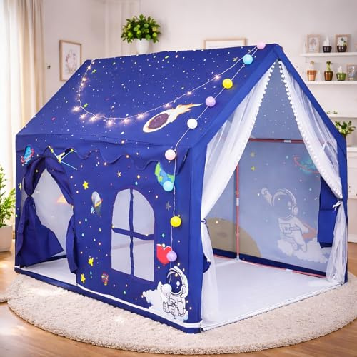 Large Kids Play Tent for Children,Spacious Indoor Playhouse Tent | Fits 4-6 Kids,160x105x128cm,Indoor Playhouse,Birthday Gift For Kids,Metal Frame,Dual Doors,Star & Pom-Pom Lights,Non-Slip Mat