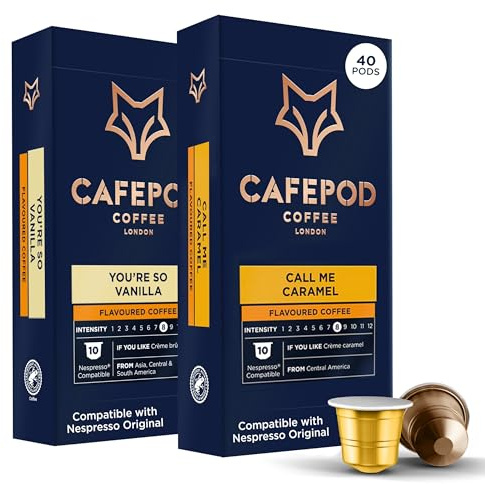 CafePod Caramel & Vanilla Nespresso Compatible Coffee Pods 40 Capsules | Caramel and vanilla flavoured capsules, intensity 8: 20 Call Me Caramel plus 20 vanilla – Rainforest Alliance
