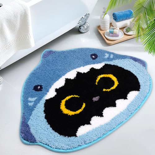 Yamepuia Badezimmerteppich - Hai Schwarze Katze Badmatte,Niedlich Groß Hai Badvorleger rutschfest Waschbar,Weich Absorbierende Tiere Thema Badezimmermatte 74 X 58cm