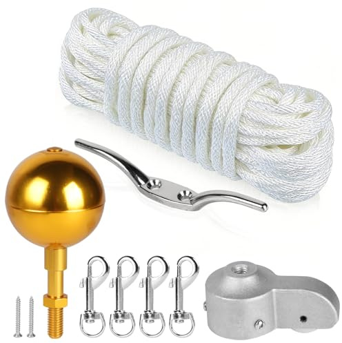 DBREAKS Kit Accessori per Asta Bandiera, Kit di Riparazione per Aste, Oro | incl. Punta a Sfera Oro, Topoer con Carrucola, Moschettone, Tacchetta, 15m Corda, per la Decorazione del Giardino