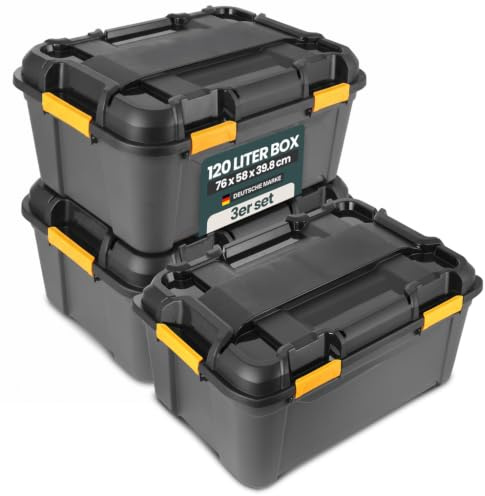 Kreher® Bunker Tough Aufbewahrungsbox mit Deckel - IP67 wasserdicht & staubdicht, UV-beständig, schlagfest - Robuste Kunststoffbox für Werkzeug, Keller, Garage, Camping & Outdoor (3, 120 Liter)