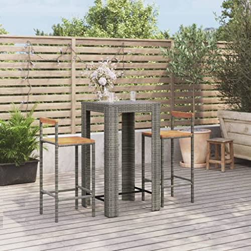 Hoopleep 3-TLG. Gartenbar-Set Grau, Poly Rattan & Akazienholz, Outdoor Bartisch mit 2 Barstühlen, Terrasse Möbel, stabil & wetterfest