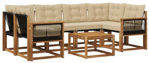 vidaXL Outdoor-Sofagarnitur mit Kissen 7 pcs Natur und Beige, Moderne Garten-Sofa-Garnitur, Robustes Akazienholz, Bequeme Terrasse, stilvolle Couch zum Entspannen