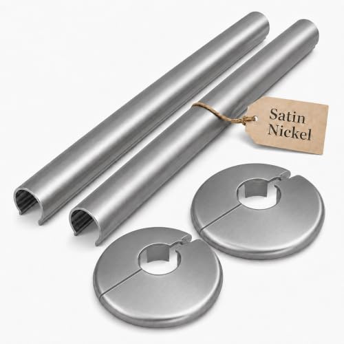 EXCEL HOME Radiator Pipe Covers 15mm - 200mm | 2 Pack Pipe Sleeves | Easy Clip-On Fit, Cut-to-Size 200mm Sleeves, Matching Collars, Satin Nickel Finish, PVC & Metal Build, 2-Pack Pipe Covers Set