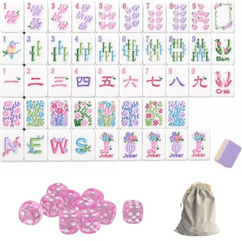 DAO-UPPSE 4-lagiges Mahjong-Set aus Acryl mit 160 Spielsteinen – Amerikanisches Reisespiel mit gravierten Spielsteinen, Tragetasche, 10 Würfel, Marinegelb, Hellviolett