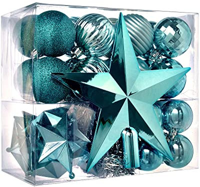 WeRChristmas Shatterproof Baubles Decoration Pack with Tree Topper and Garland - 42-Piece, Turquoise Blue