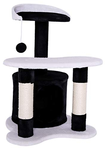 lionto Kratzbaum für Katzen mit Höhle & Plüschball, Höhe 65 cm, mittelgroßer Katzenbaum mit robustem Sisal & Plüsch, gemütliche Liegefläche & Höhle, für kleine und große Katzen geeignet, schwarz/weiß