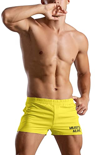 Musclealive Herren Fitnessstudio Bodybuilding Trainieren Kurze Hose Baumwolle Men Shorts (L-(Waist 34-37), Style A Yellow, 3inch Thin No Pockets)