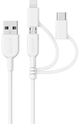 Anker PowerLine II - Cable 3 en 1, Lightning/Tipo C/Micro USB para iPhone, iPad, Huawei, HTC, LG, Samsung Galaxy, Sony Xperia y Android Smartphones (3 pies) (blanco)