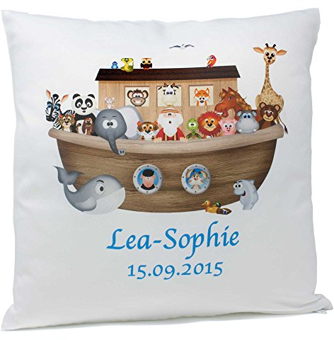 SL-Store GbR Kissen mit Namen Geburt Taufe Arche 40x40 cm Taufspruch inkl. Füllung Kuschelkissen, Kissen Farbe:Vorderseite weiß flauschig/RS weiß flauschig