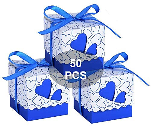 WADY Bomboniere Scatola Cuore Portaconfetti Porta Confetti Segnaposto Regalo con Il Nastro Raso 50pz (Bluette)
