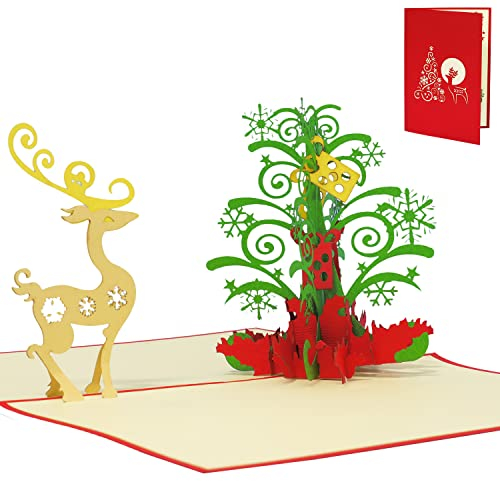LINPOPUP®, LIN17561, POP UP Weihnachtskarte, Pop Up Weihnachten, Weihnachtskarte, 3d Weihnachtskarten, 3d Karte Weihnachten, Tannenbaum Rentier, N451