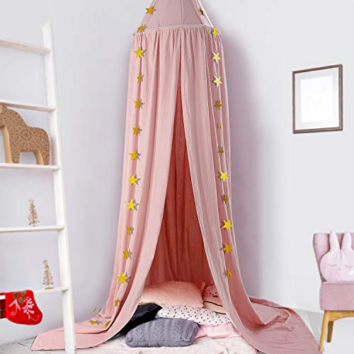 CeeKii Baldachin Kinderzimmer Betthimmel Babybett, Kinderzimmer Bettvorhang Baumwolle Deko Moskitonetz für Prinzessin Spielzelte Babybett Schlafzimmer Dekoration mit Sternengirlande (Pink)