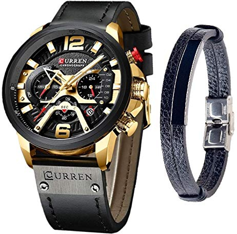 CURREN Herren-Armbanduhr, Quarz, Leder, Chronograph, Armbanduhr und modisches Armband, analoge Uhren für Herren, luxuriöse Armbanduhr, Geschenke für Vater, Freund, Gold, Quarzuhr, Chronograph