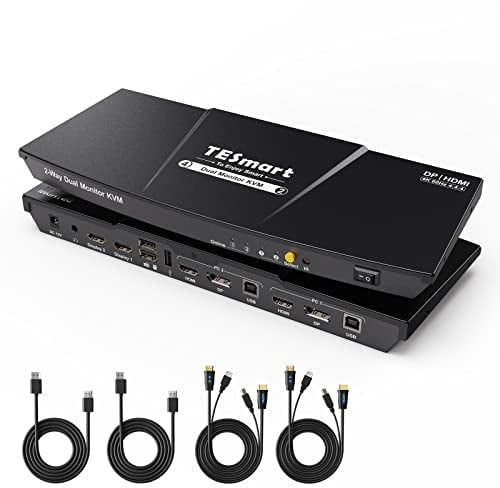 TESmart DisplayPort HDMI KVM Switch 2 PC 2 Monitor, 4K 60Hz KVM-Switch mit EDID, Audio, 3x USB für Scanner Drucker Tastatur Maus, Hotkey KVM Umschalter Dual Monitor, mit DP/KVM-Kabel, IR-Fernbedienung