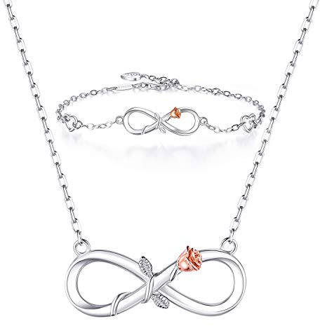 BlingGem Parures pour Femme Ensemble de Bijoux en Argent 925/1000 Sterling Infini Rose Fleur Ensemble de Collier Fille Cadeau pour Petite Amie