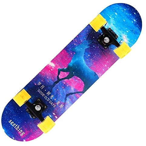 Skateboard Komplettboard für Anfänger, Holzboard 7-lagigem Ahornholz mit LED Rädern für Kinder, Jugendliche und Erwachsene (Color : Blue)