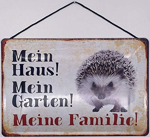 Blechschild mit Kordel 30 x 20 cm Tier Schild: Mein Haus ! Mein Garten ! Meine Familie ! Igel ! - Blechemma