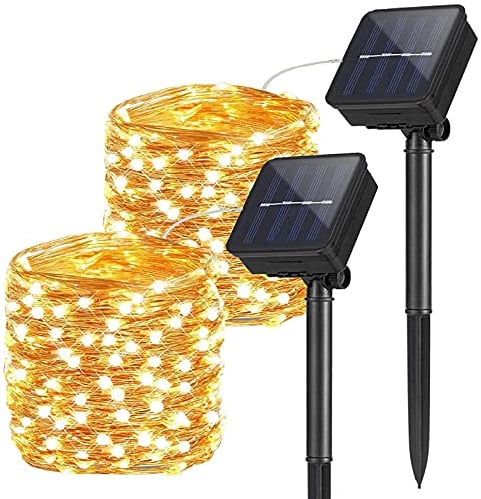 2 Packs Solar String Lights Outdoor, 10M/33FT 100 LED Fairy Copper Wire Lights, Waterproof Auto ON/OFF Decoration Rope Lights for Garden Patio BBQ Yard Lawn Trees Christmas Wedding Party, Warm White
