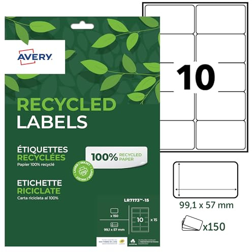 AVERY - 150 Étiquettes Autocollantes Blanches Personnalisables - 100% Recyclées - Format 99,1 x 57 mm - Impression Laser et Jet d'Encre
