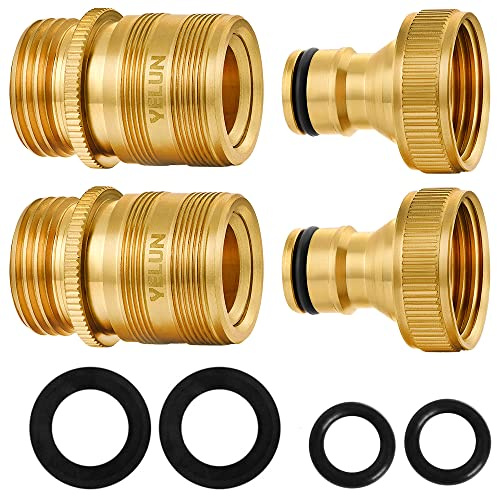 YELUN Gartenschlauch-Schnellverbinder aus massivem Messing, 1.9 cm (3/4 Zoll), GHT Außengewinde, einfache Verbindung, auslaufsicher, männlich, Schnellverbinder und weibliche Produkt-Adapter (2 Sets)