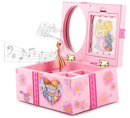 PW TOOLS Musik Schmuckschatulle Ballerina Spieluhr Tischplatte Schmuck Aufbewahrungsbox Organisation Fall Wind Up Melodie Box mit Spiegel für Kinder Mädchen Geburtstagsgeschenk Rosa