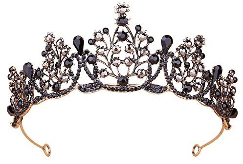 Corona de tiara de diamantes de imitación negro, corona barroca vintage, corona de boda de cristal vintage, tiara de cristal de corona de calidad, adecuada para bodas