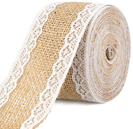 jijAcraft Juteband Vintage Spitzenband 5M x 5CM Juteband mit Spitze Weiß Vintage Spitzenband Breit Natürliche Jute Band Rolle Juteband Hochzeit Tisch für DIY Handwerk Deko Hochzeit Party Wohnkultur